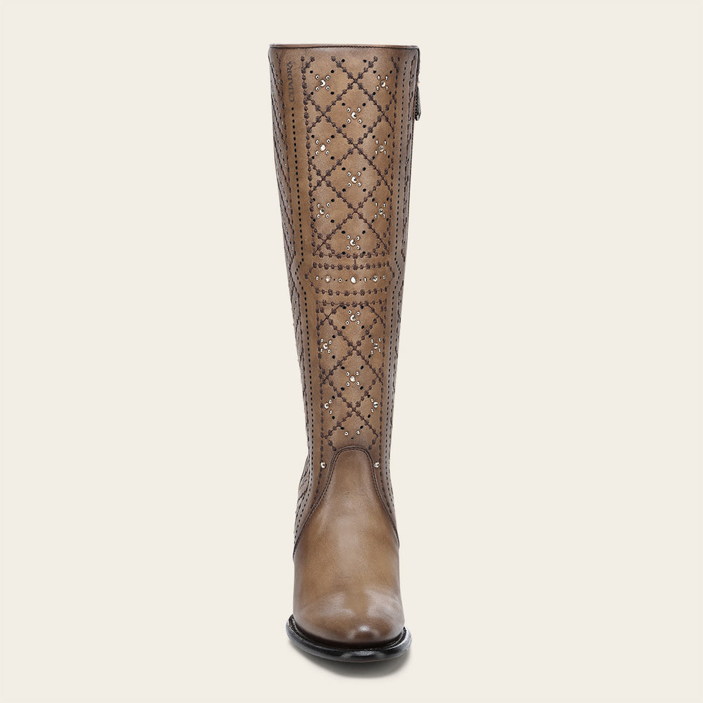 CC258 CUADRA WOMEN'S TALL ALMOND BROWN LEATHER BOOT WITH CRYSTALS