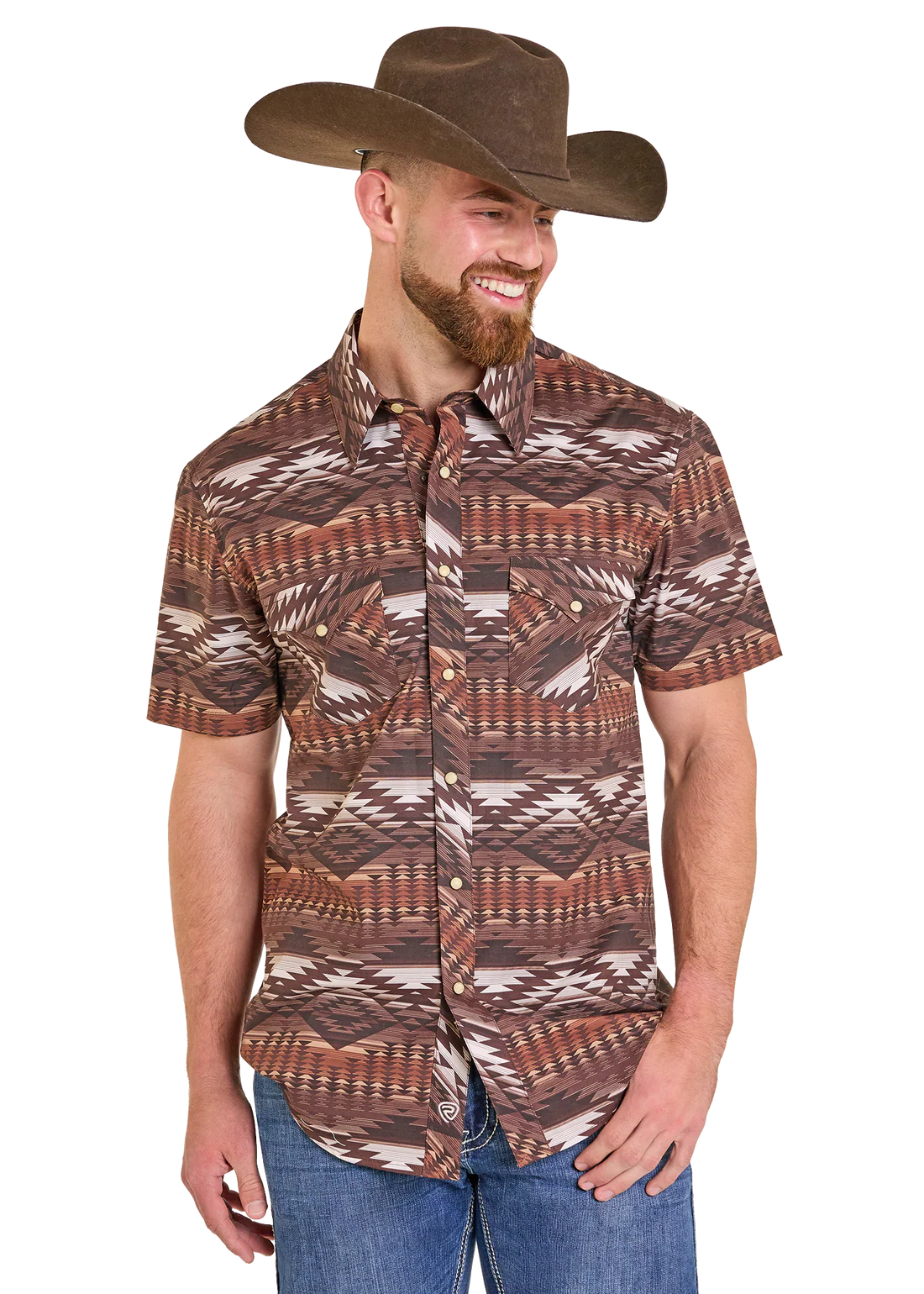 BMN3S07139 SLIM FIT BROWN AZTEC SHORT SLEEVE SNAP SHIRT