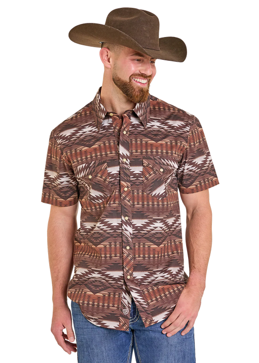 BMN3S07139 SLIM FIT BROWN AZTEC SHORT SLEEVE SNAP SHIRT