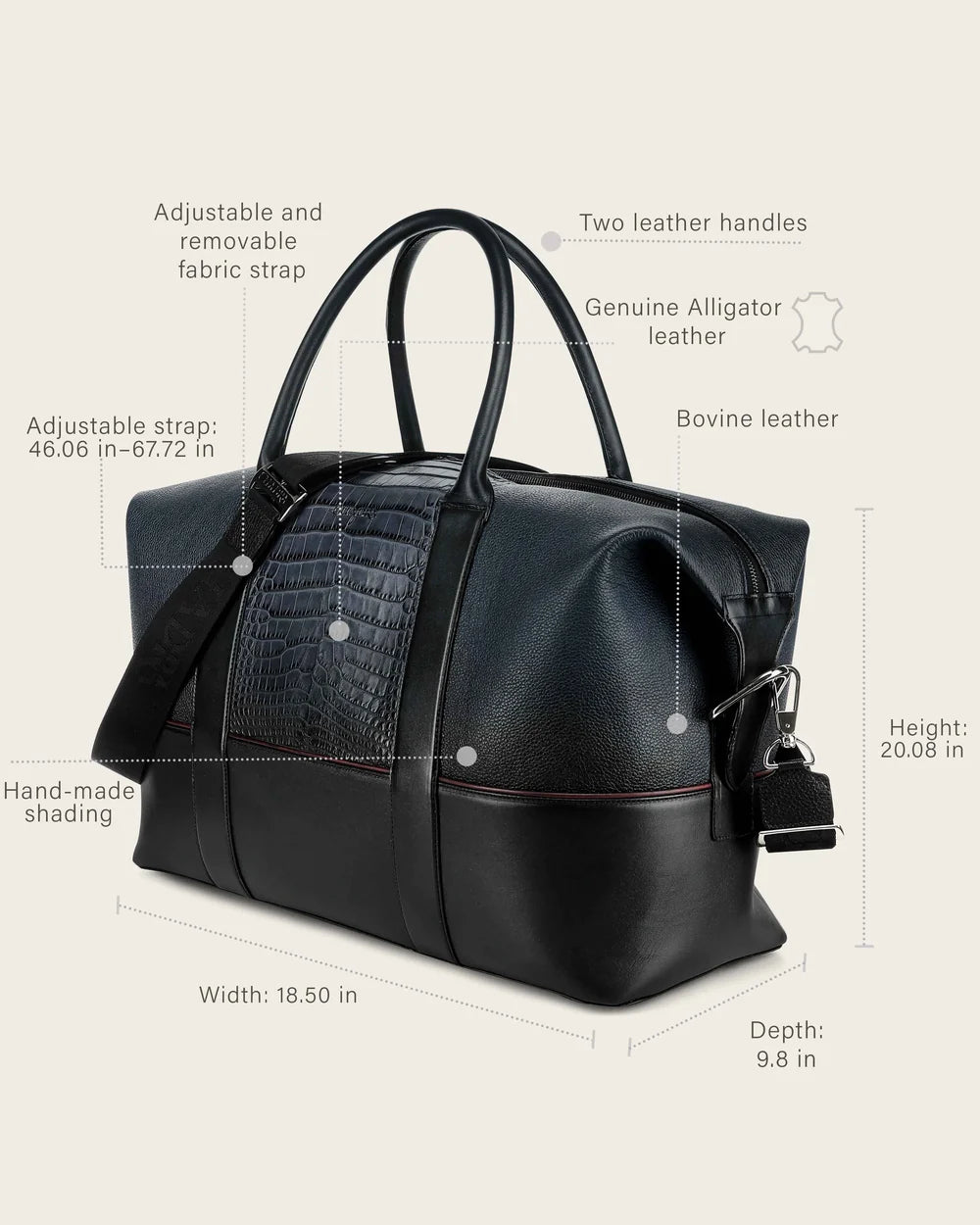 DU811 BLUISH BLACK DUFFEL BAG IN GENUINE ALLIGATOR AND BOVINE LEATHER FOR MEN