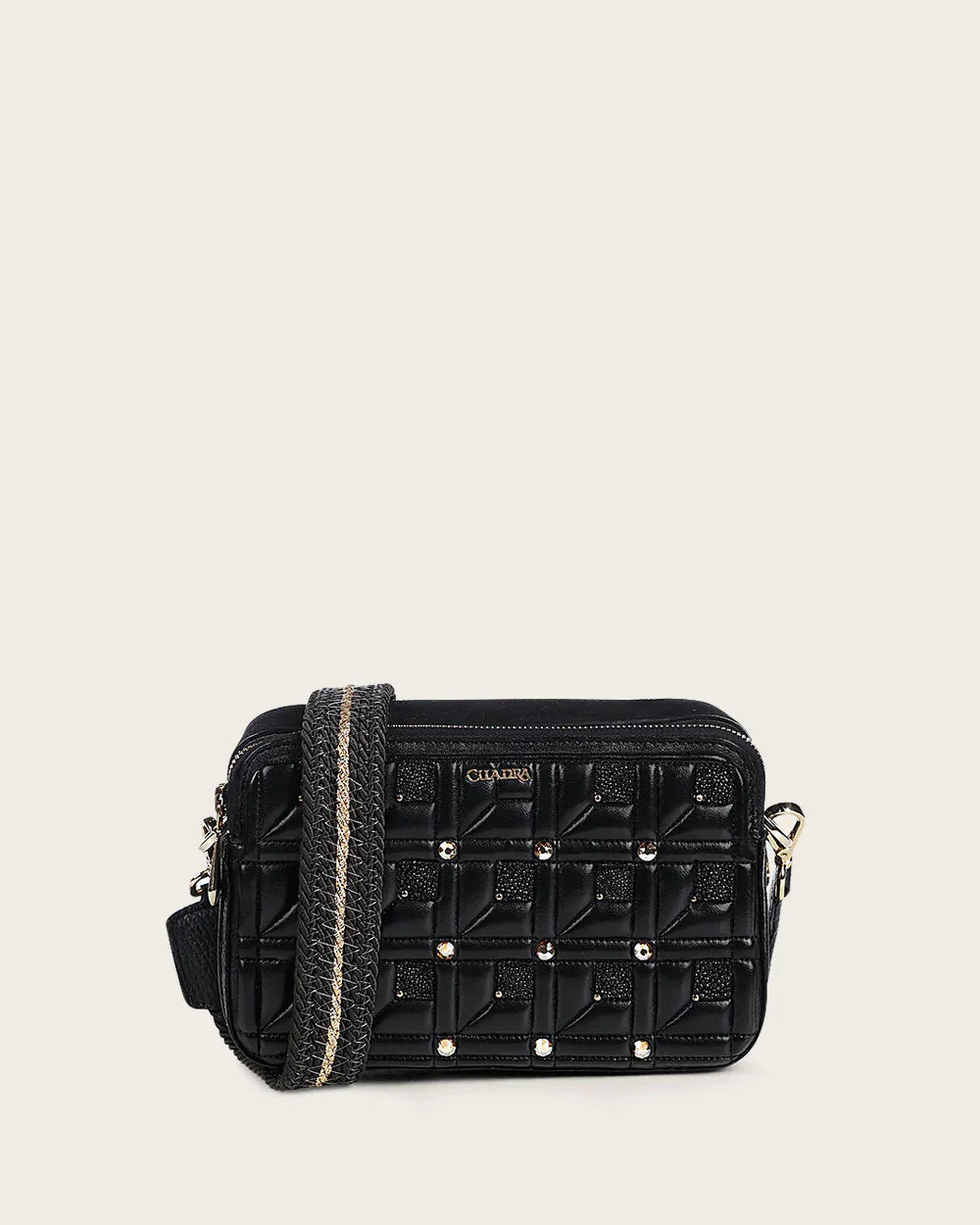 DU637 WOMEN'S BLACK CROSSBODY BAG IN GENUINE STINGRAY LEATHER WITH CRYSTALS