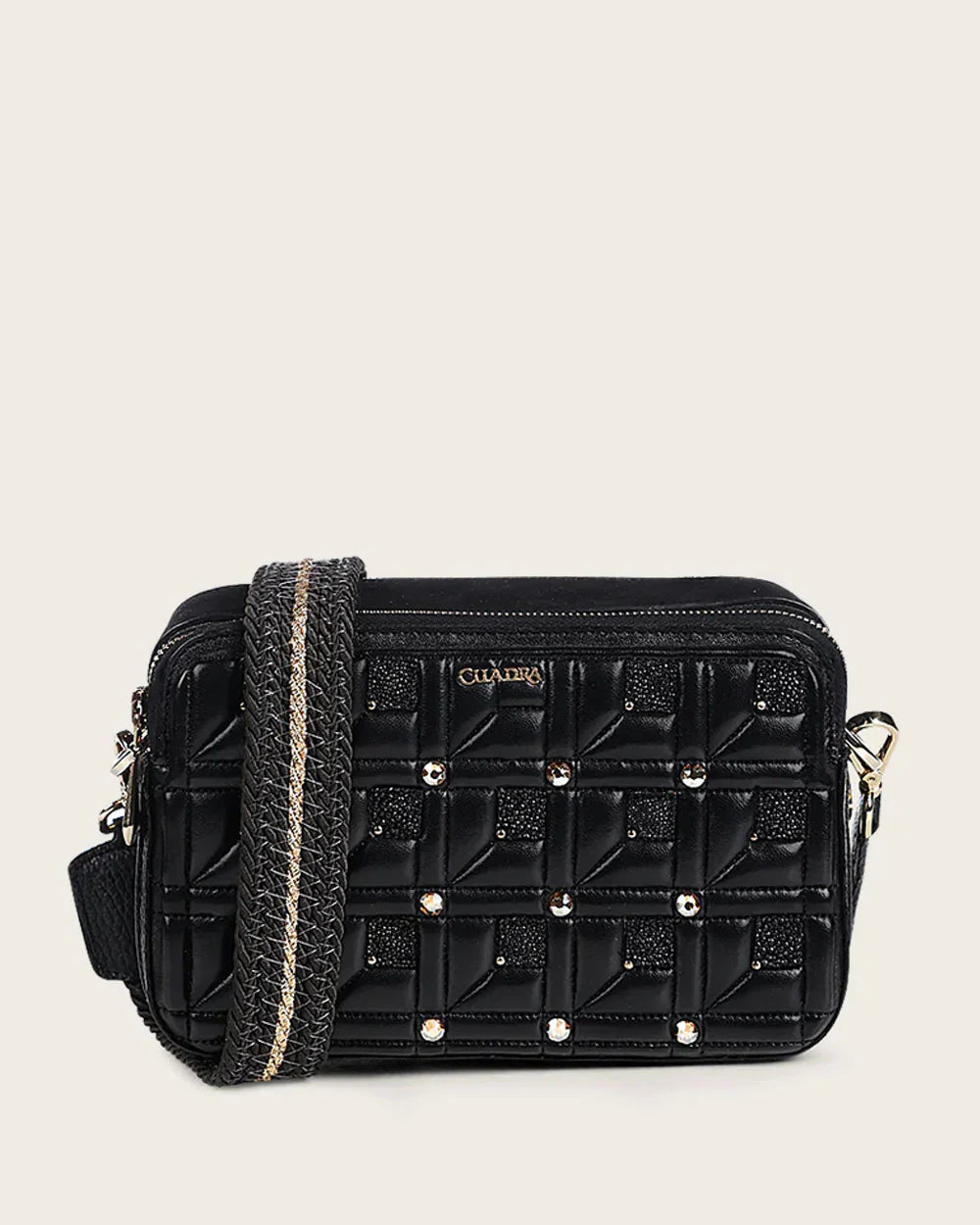 DU637 WOMEN'S BLACK CROSSBODY BAG IN GENUINE STINGRAY LEATHER WITH CRYSTALS