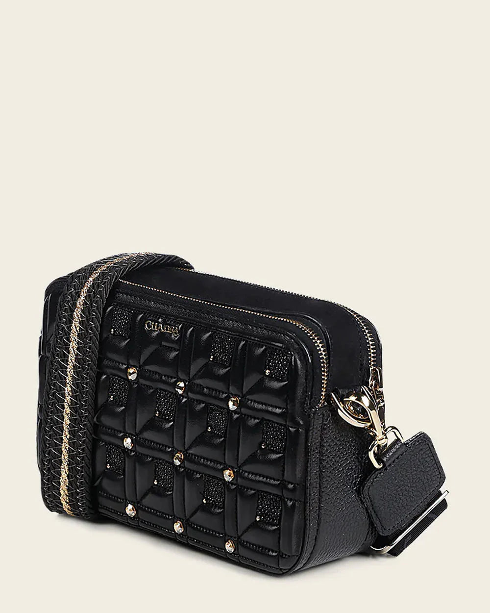 DU637 WOMEN'S BLACK CROSSBODY BAG IN GENUINE STINGRAY LEATHER WITH CRYSTALS