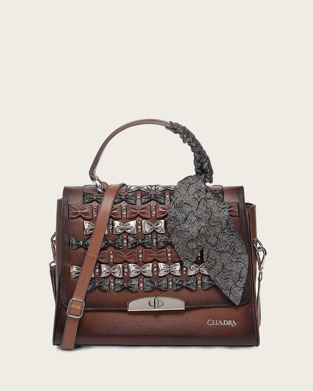 DU744 LUXURY WOMWN'S BROWN HANDBAG IN GENUINE BOVINE LEATHER WITH CRYSTALS