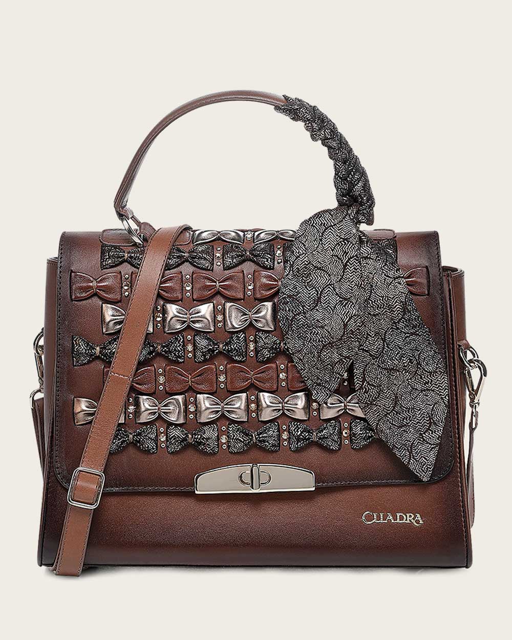DU744 LUXURY WOMWN'S BROWN HANDBAG IN GENUINE BOVINE LEATHER WITH CRYSTALS