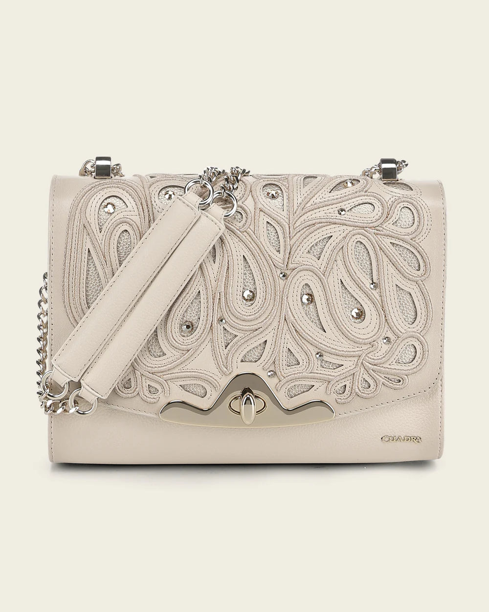 DU823 WOMEN'S BEIGE BOVINE LEATHER SHOULDER BAG CLUTCH STYLE WITH CRYSTALS
