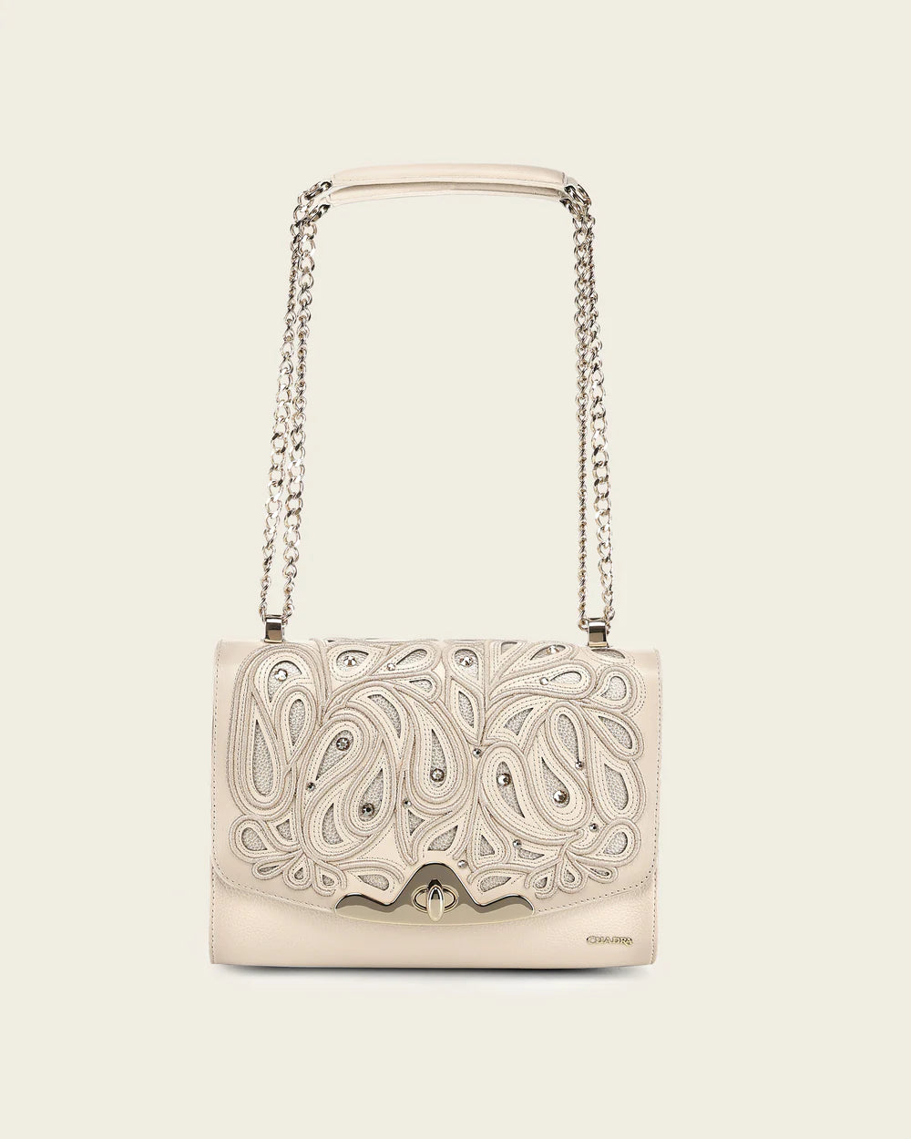 DU823 WOMEN'S BEIGE BOVINE LEATHER SHOULDER BAG CLUTCH STYLE WITH CRYSTALS