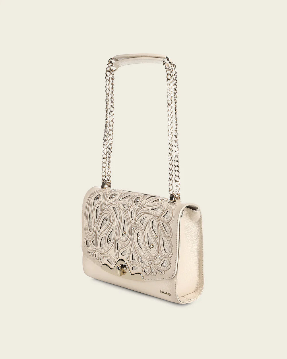 DU823 WOMEN'S BEIGE BOVINE LEATHER SHOULDER BAG CLUTCH STYLE WITH CRYSTALS