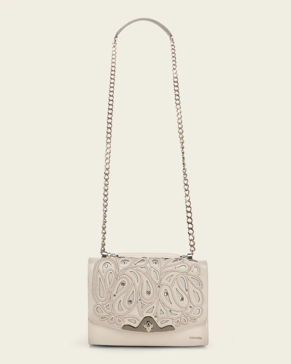 DU823 WOMEN'S BEIGE BOVINE LEATHER SHOULDER BAG CLUTCH STYLE WITH CRYSTALS