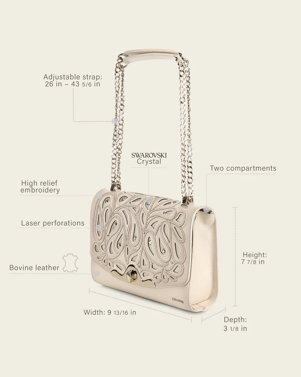 DU823 WOMEN'S BEIGE BOVINE LEATHER SHOULDER BAG CLUTCH STYLE WITH CRYSTALS