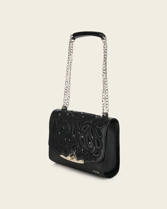 DU822 WOMEN'S BLACK BOVINE LEATHER SHOULDER BAG CLUTCH STYLE WITH CRYSTALS