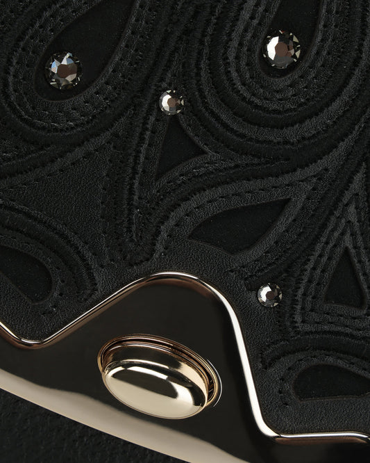 DU822 WOMEN'S BLACK BOVINE LEATHER SHOULDER BAG CLUTCH STYLE WITH CRYSTALS
