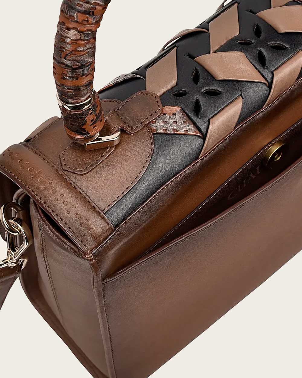 DU321 BROWN PRINTED HANDLE HANDBAG