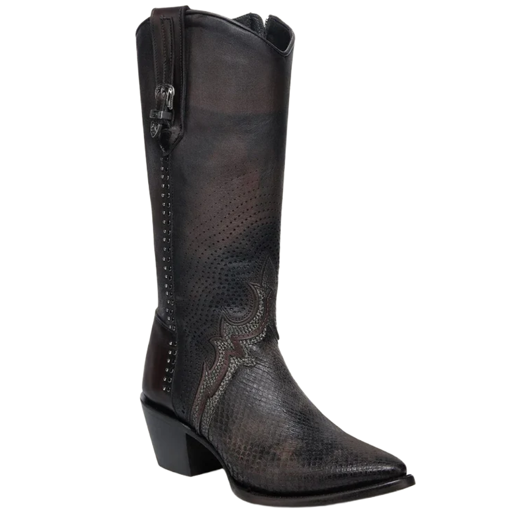 CC243 WOMEN'S GENUINE PYTHON & BOVINE BROWN LEATHER WESTERN BOOT WITH STUDS