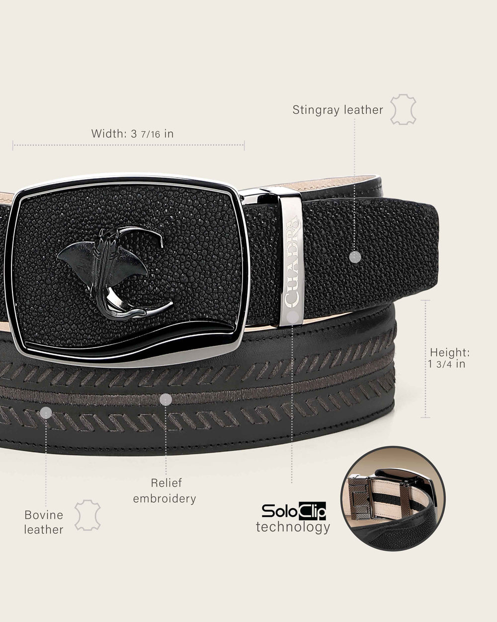 BC475 MEN'S BLACK GENUINE STINGRAY LEATHER WESTERN BELT CUADRA