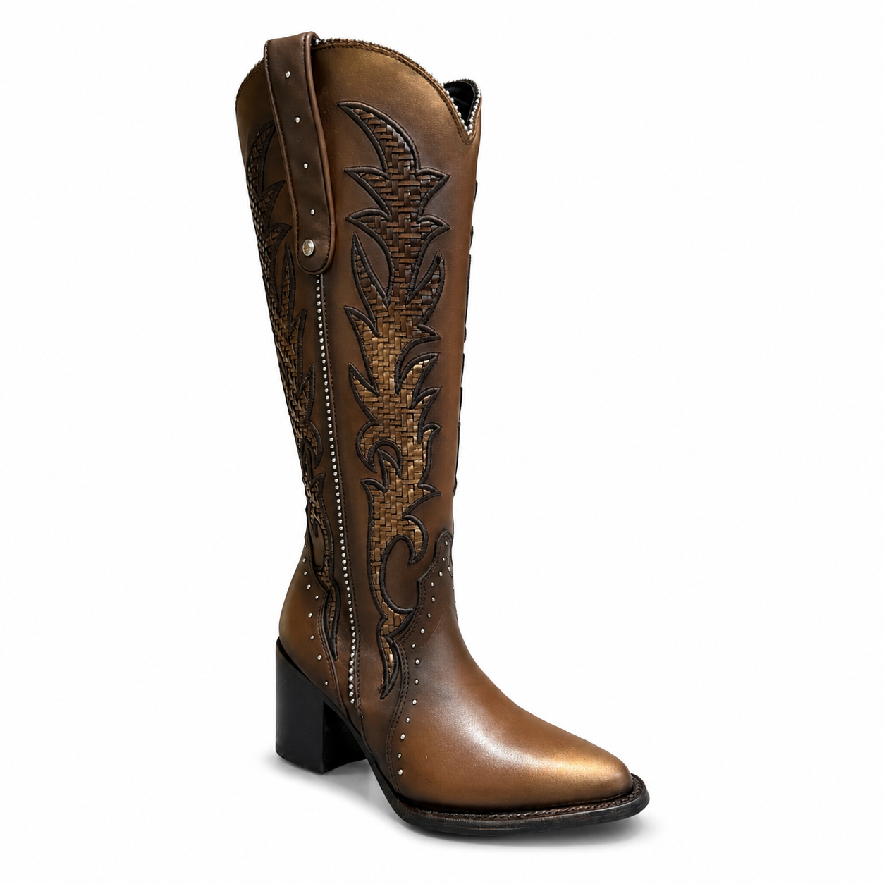 CC338 CUADRA HONEY EMBROIDERY & ZIPPER & WOVEN & STUDS POINTED TOE BOOTS