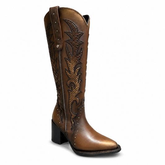 CC338 CUADRA HONEY EMBROIDERY & ZIPPER & WOVEN & STUDS POINTED TOE BOOTS