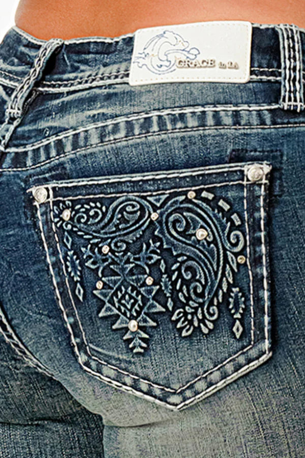 EB61968 PAISLEY EMBELLISHED RHINESTONE JEANS