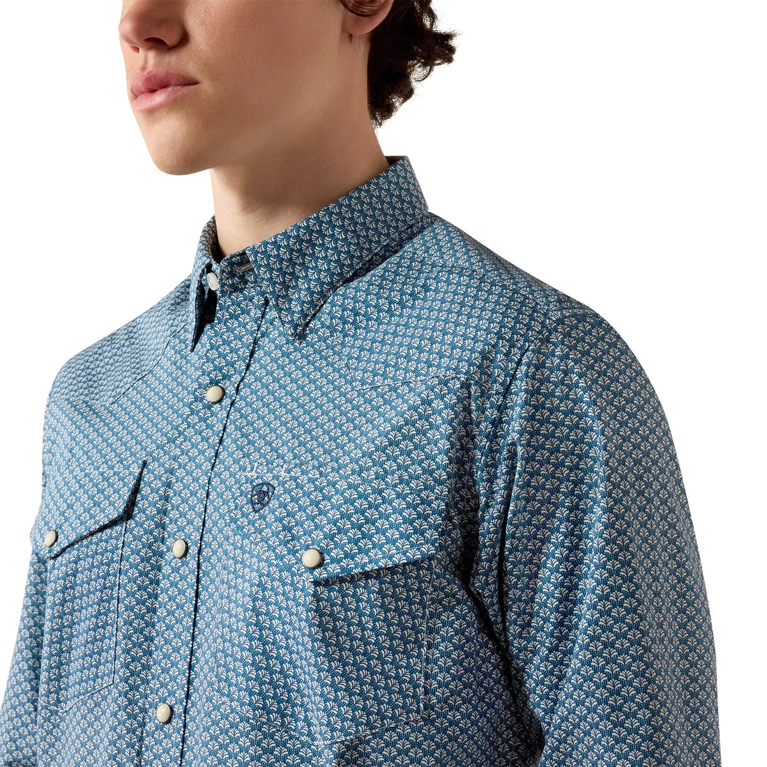 10080597 ARIAT PHEONIX FITTED LONG SLEEVE SNAP SHIRT MAJOLICA BLUE LEAF PRINT