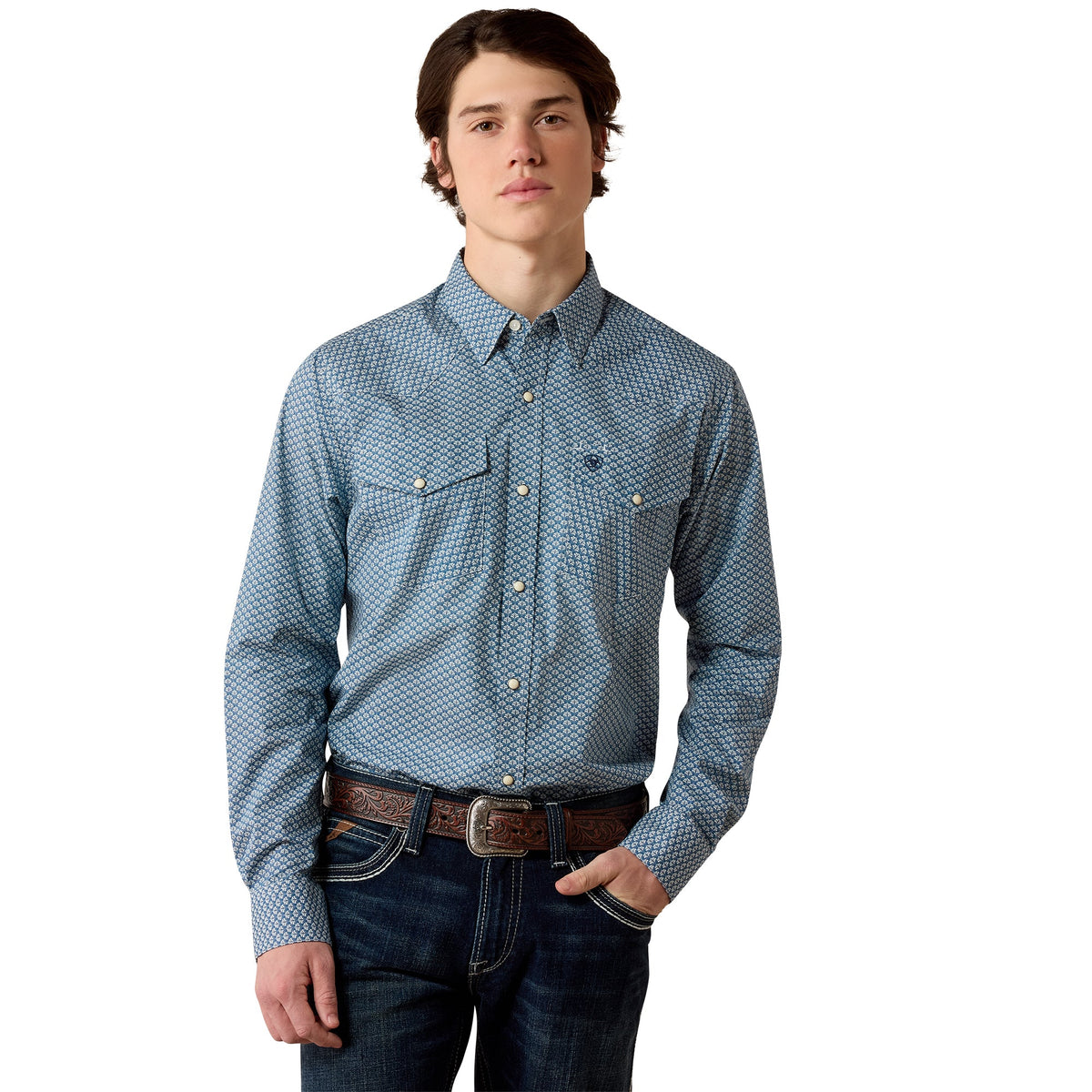10080597 ARIAT PHEONIX FITTED LONG SLEEVE SNAP SHIRT MAJOLICA BLUE LEAF PRINT
