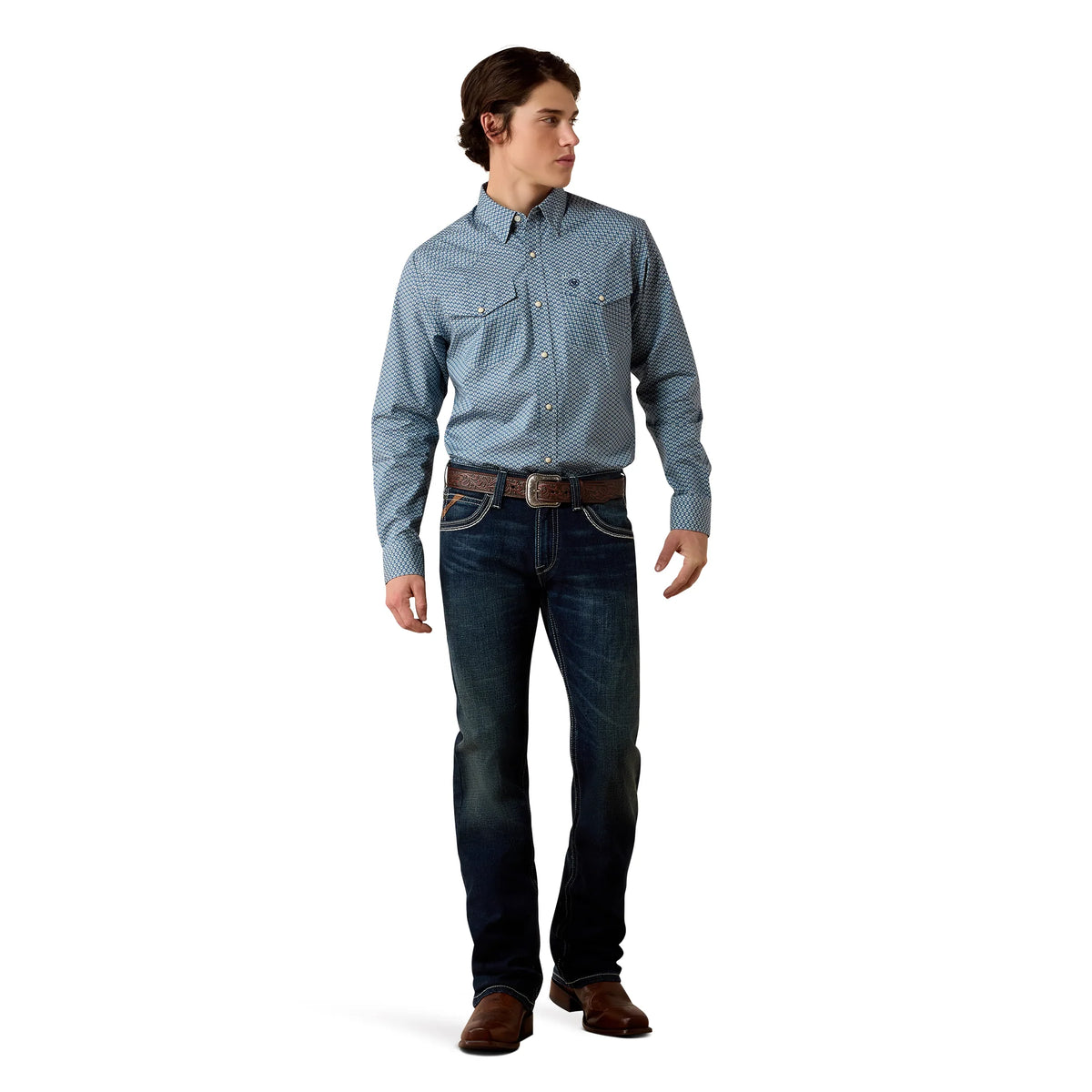 10080597 ARIAT PHEONIX FITTED LONG SLEEVE SNAP SHIRT MAJOLICA BLUE LEAF PRINT
