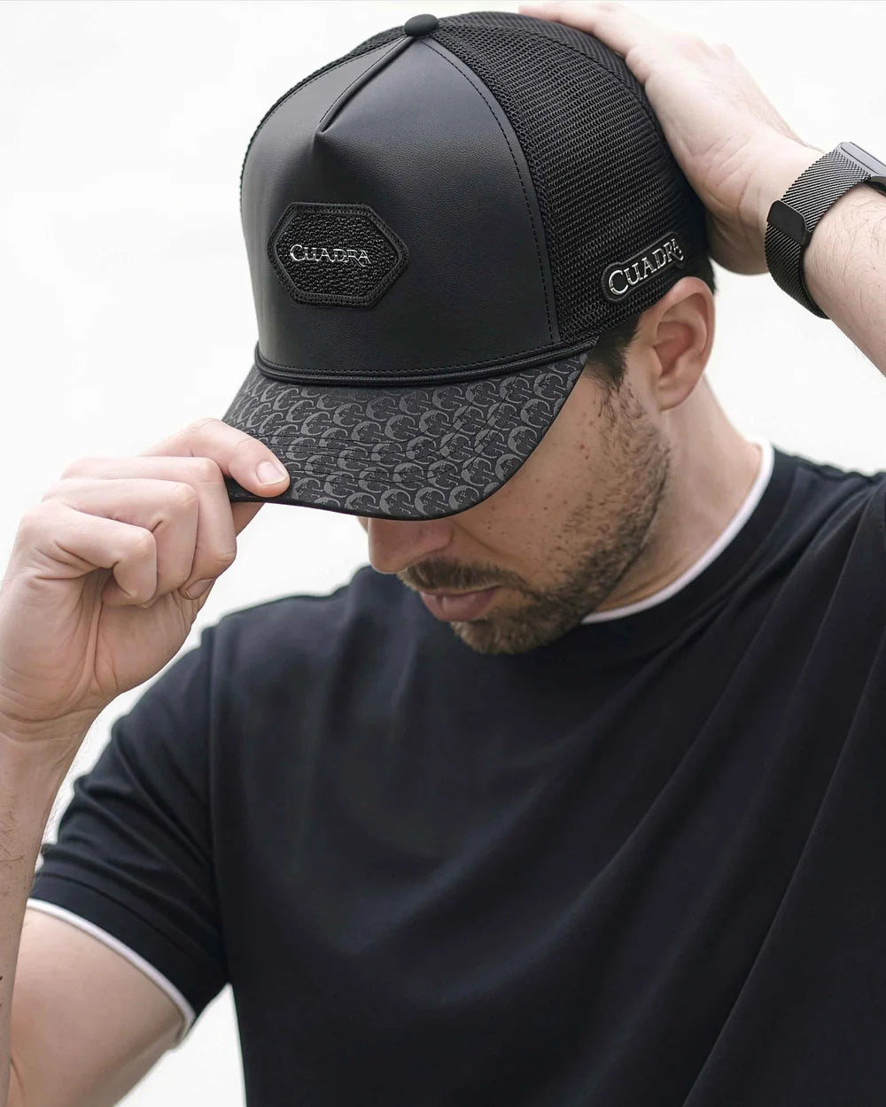 CP006 CUADRA MEN'S BLACK GENUINE BOVINE & STINGRAY LEATHER SNAPBACK CAP
