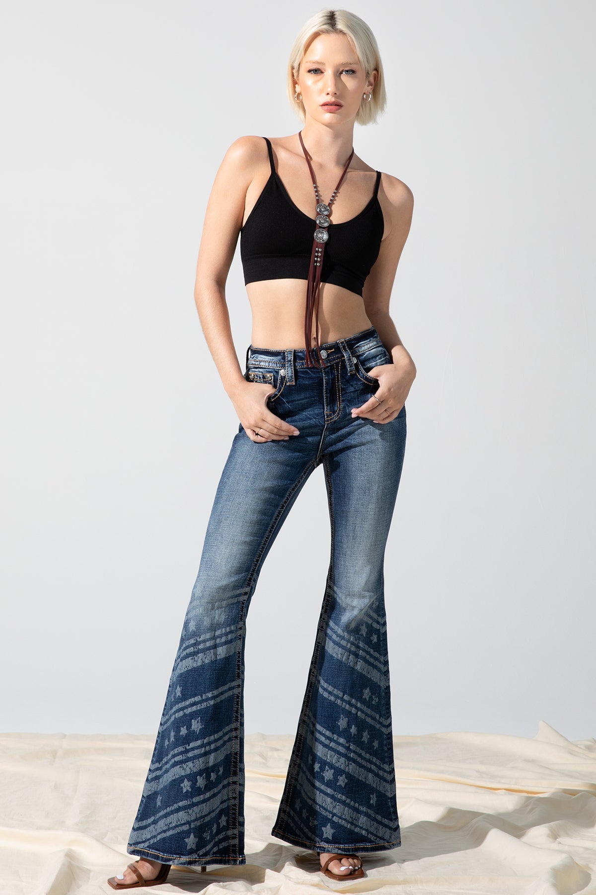 H2305F HIGH RISE FLARE JEANS-DARK BLUE : 25