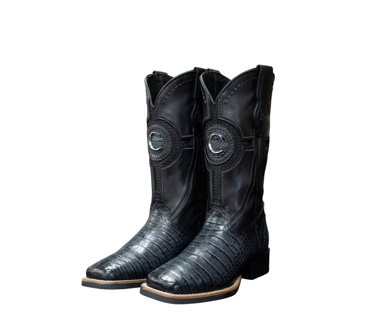 CC201-L CUADRA MN NAVY BLUE ALLIGATOR STUDS & EMBROIDERY & WOVEN SQUARE TOE BOOTS
