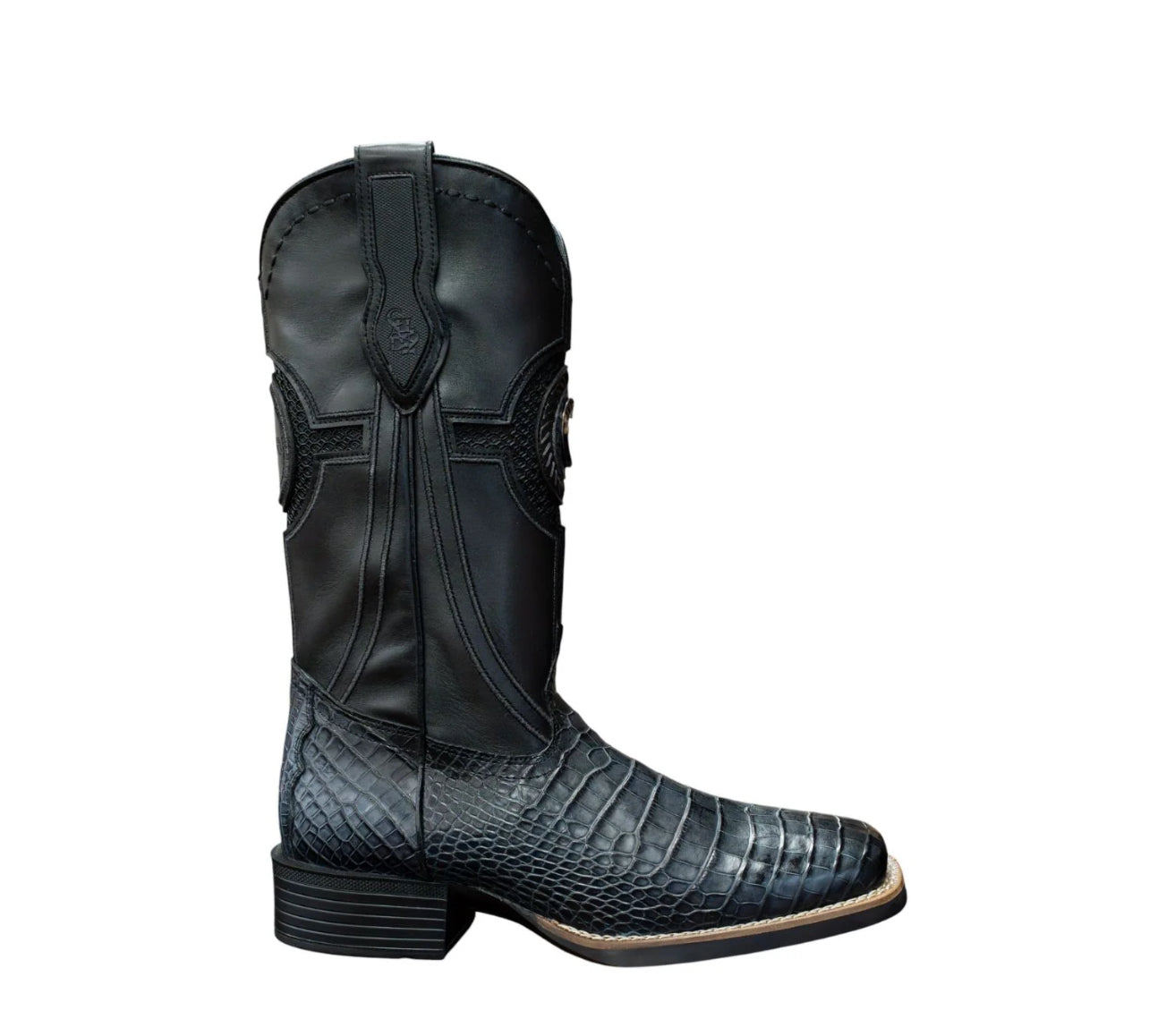 CC201-L CUADRA MN NAVY BLUE ALLIGATOR STUDS & EMBROIDERY & WOVEN SQUARE TOE BOOTS