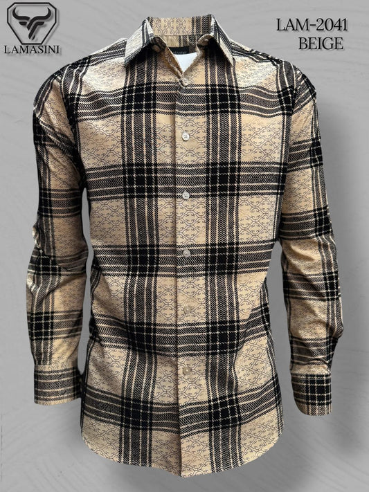 LAM2041 LONG-SLEEVE PLAID SHIRT BEIGE