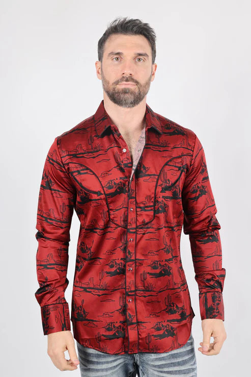 ECL9856 MENS MODERN FIT COTTON STRETCH PIPING CACTUS MONOGRAM PRINT SHIRT