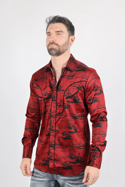ECL9856 MENS MODERN FIT COTTON STRETCH PIPING CACTUS MONOGRAM PRINT SHIRT