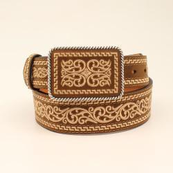 N210001802 Nocona 1 3/4" - 1 7/8" Tapered Cream Embroidered Brown