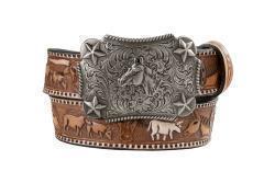 N4444402 NOCONA GIRLS BELT LONGHORNS HORSES BROWN