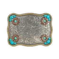 37929 NOCONA LADIES RECTANGLE BUCKLE FLOWER ACCENT TURQUOISE STONES