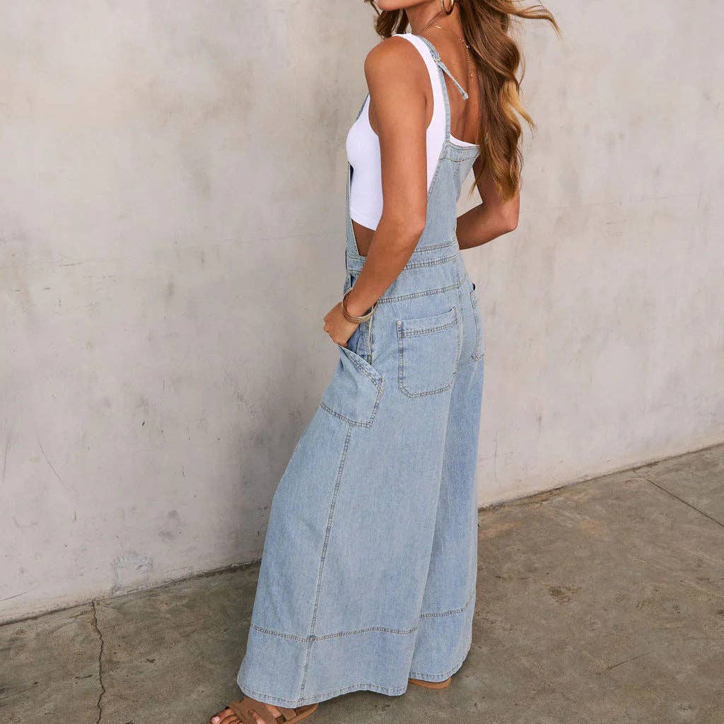 Women Blue Wide Leg Pocket Overalls Jumpsuit