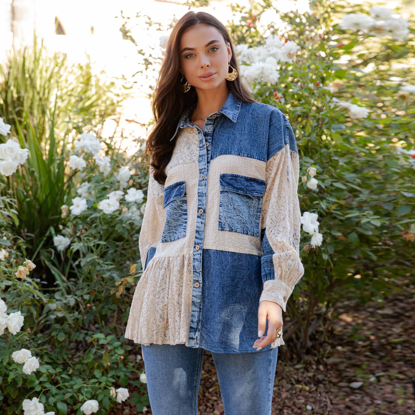 Mixed Media Spliced Denim Shirt with Seersucker & Lace