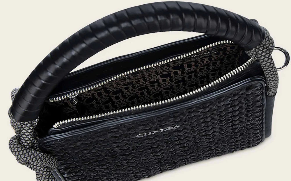 DU687 BLACK BRAIDED DECORATED TOP HANDLE HANDBAG