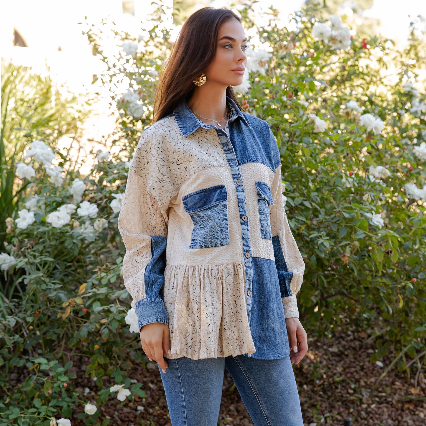 Mixed Media Spliced Denim Shirt with Seersucker & Lace