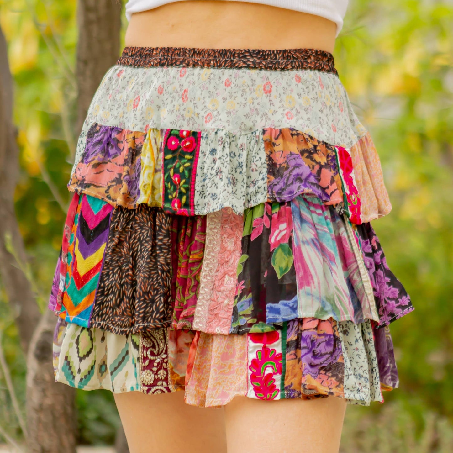 Artisan Patchwork Ruffle Tiered Mini Skirt with Fully Lined