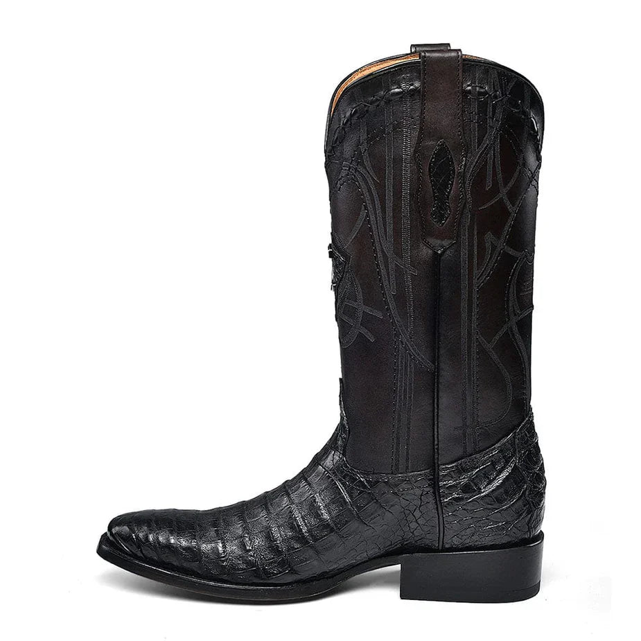 CU846 CUADRA MEN'S PLUNGE CAIMAN LASER POINTED TOE BLACK BOOTS