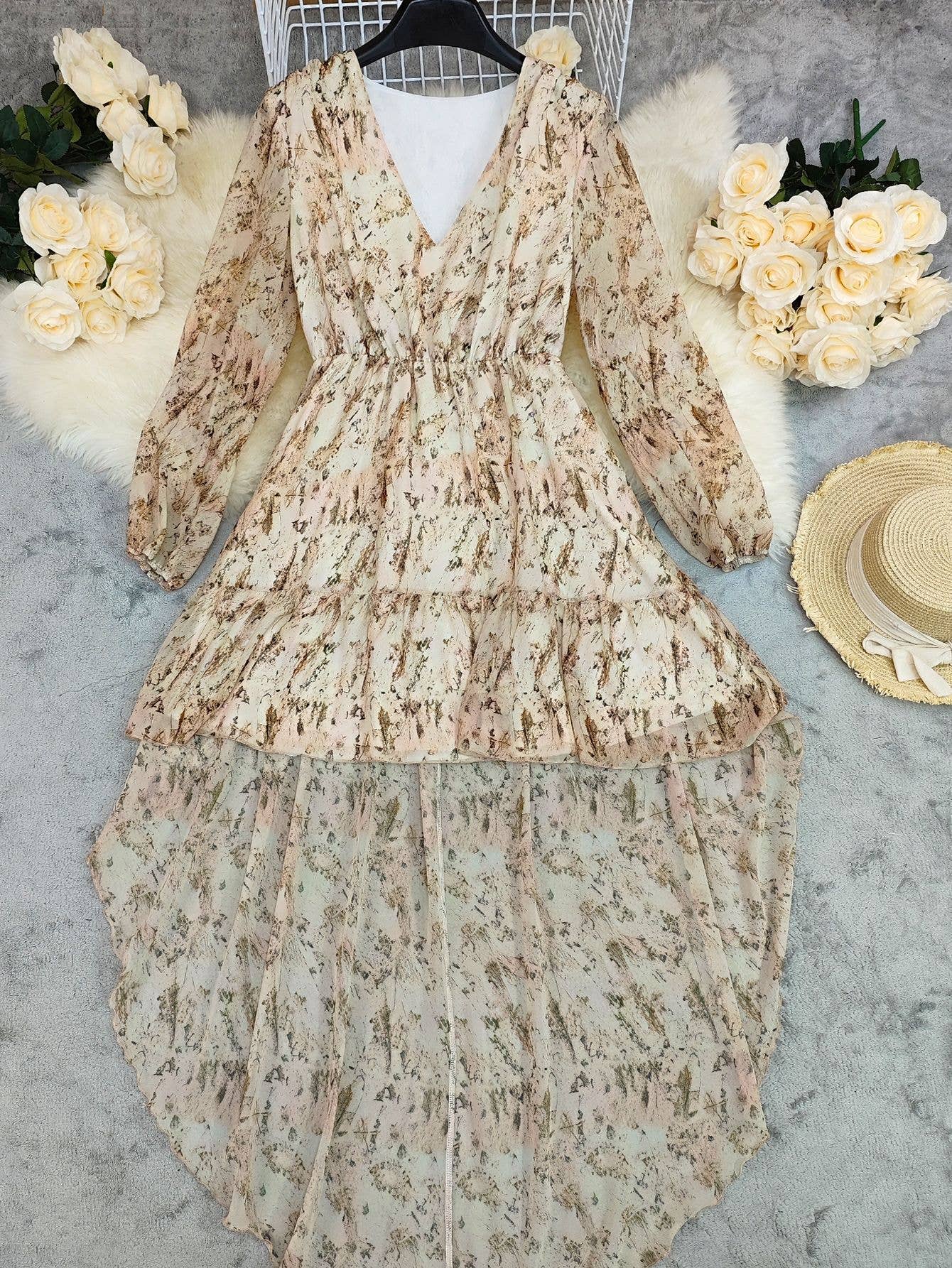 V-Neck Floral Printed Bohemian Layered Dress