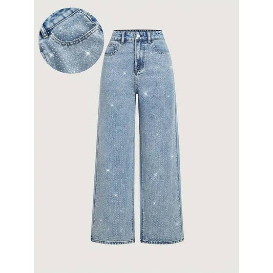 Casual Beaded Stretch Straight Leg Jeans Ligth Blue