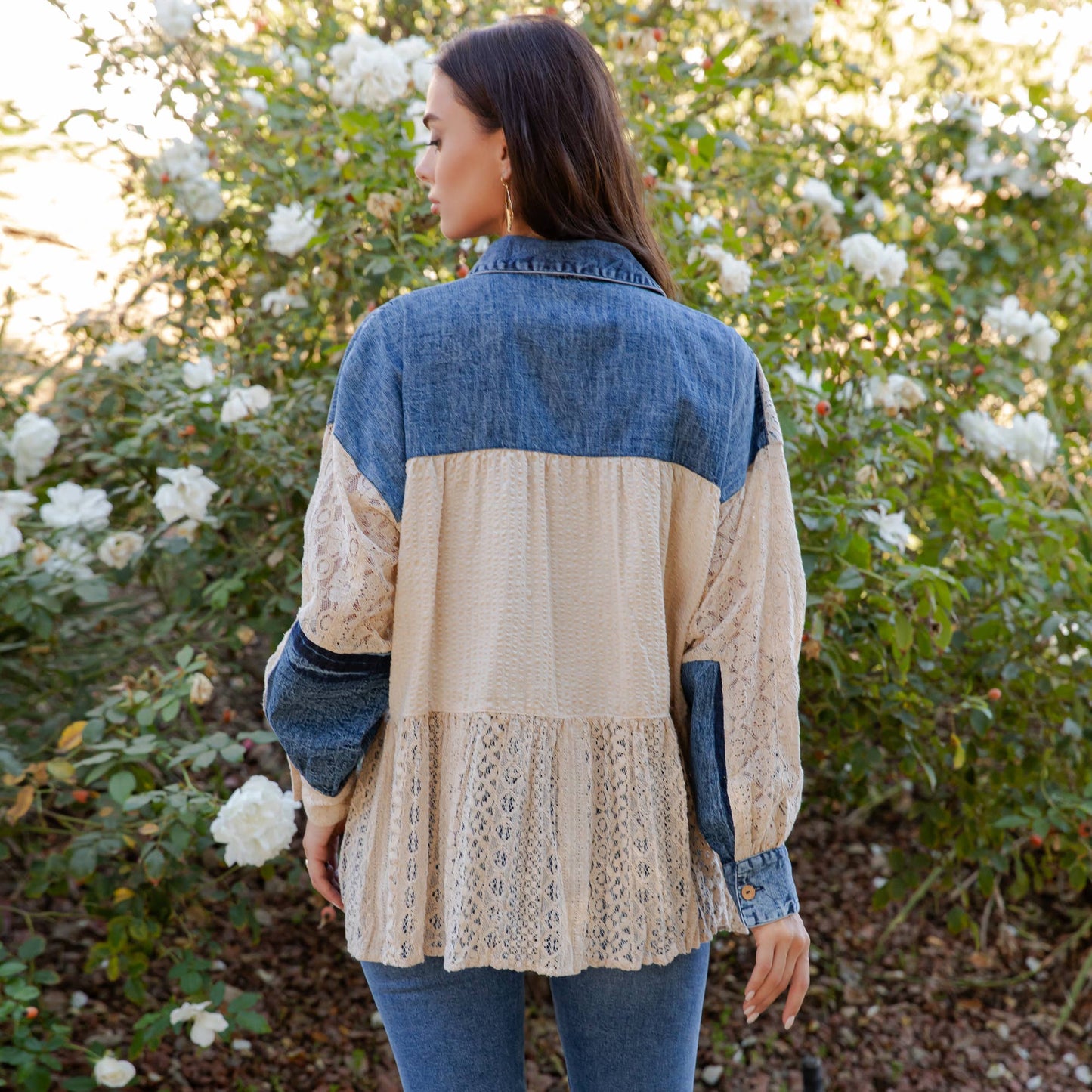 Mixed Media Spliced Denim Shirt with Seersucker & Lace