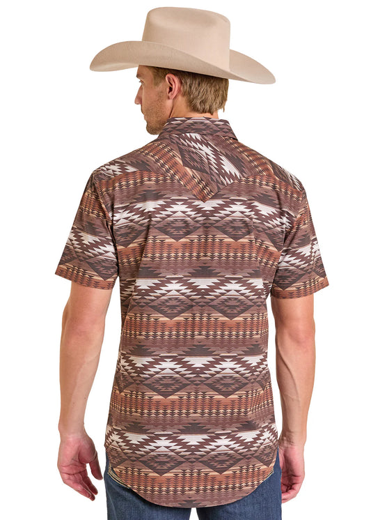 BMN3S07139 SLIM FIT BROWN AZTEC SHORT SLEEVE SNAP SHIRT