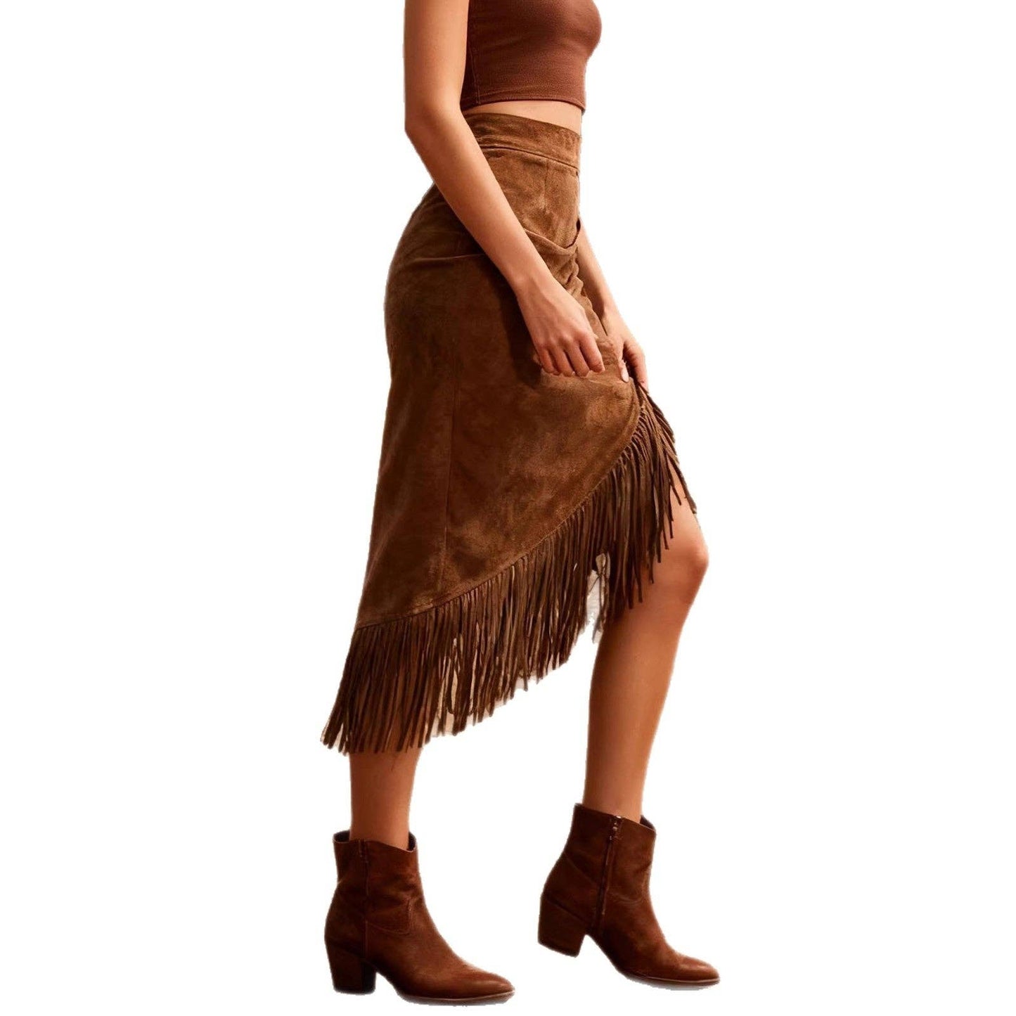 Western Retro Western Fringe Hem Irregular Suede Skirt BROWN