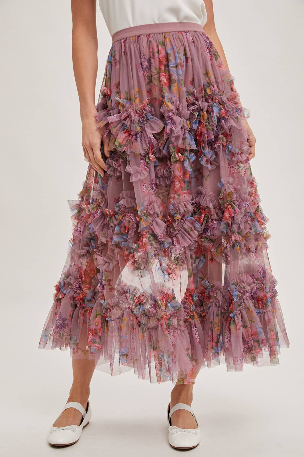 FLORAL RUFFLED MESH MIDI SKIRT