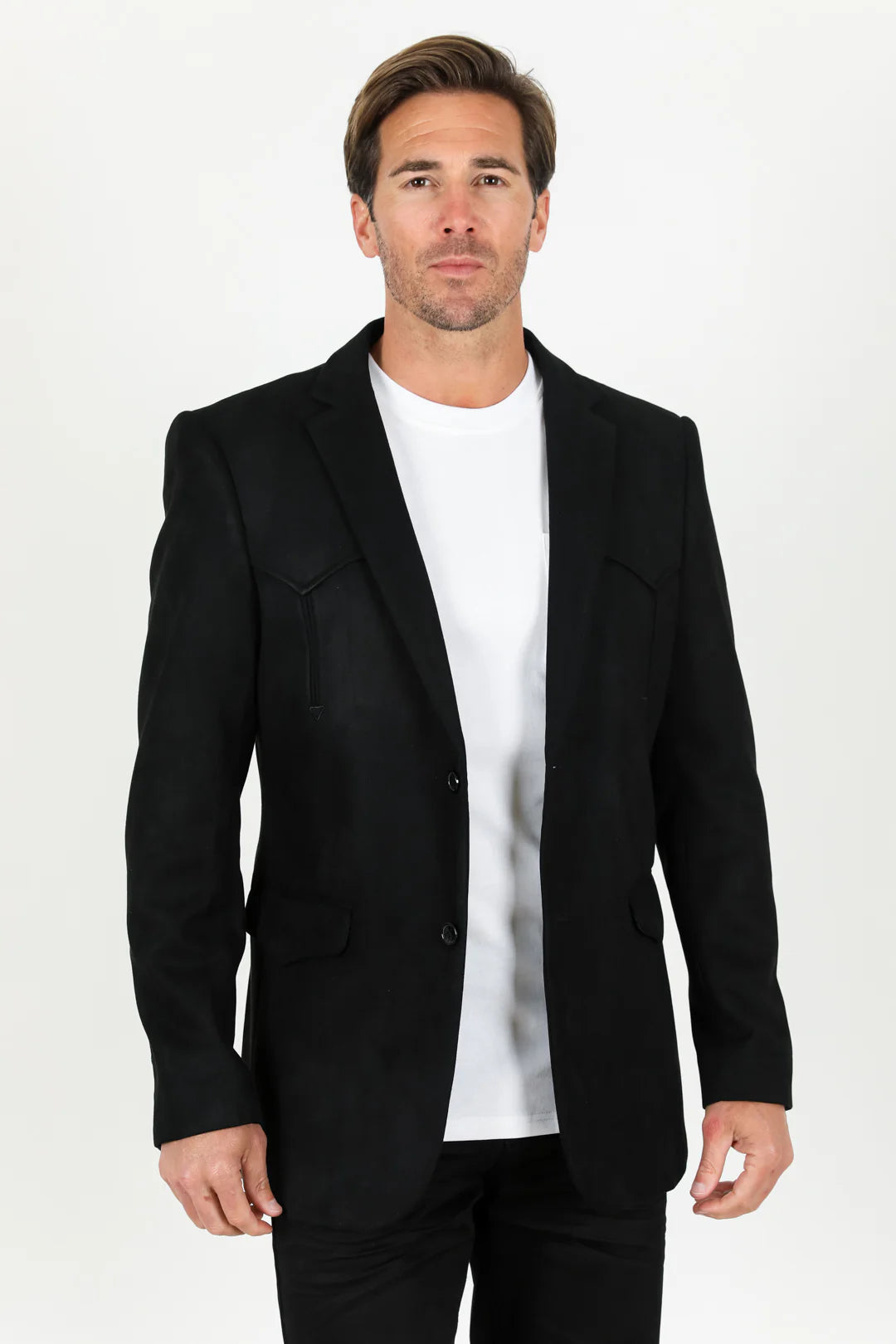 BLZ9443 MEN'S DOUBLE BUTTON FAUX-SUEDE BLAZER BLACK