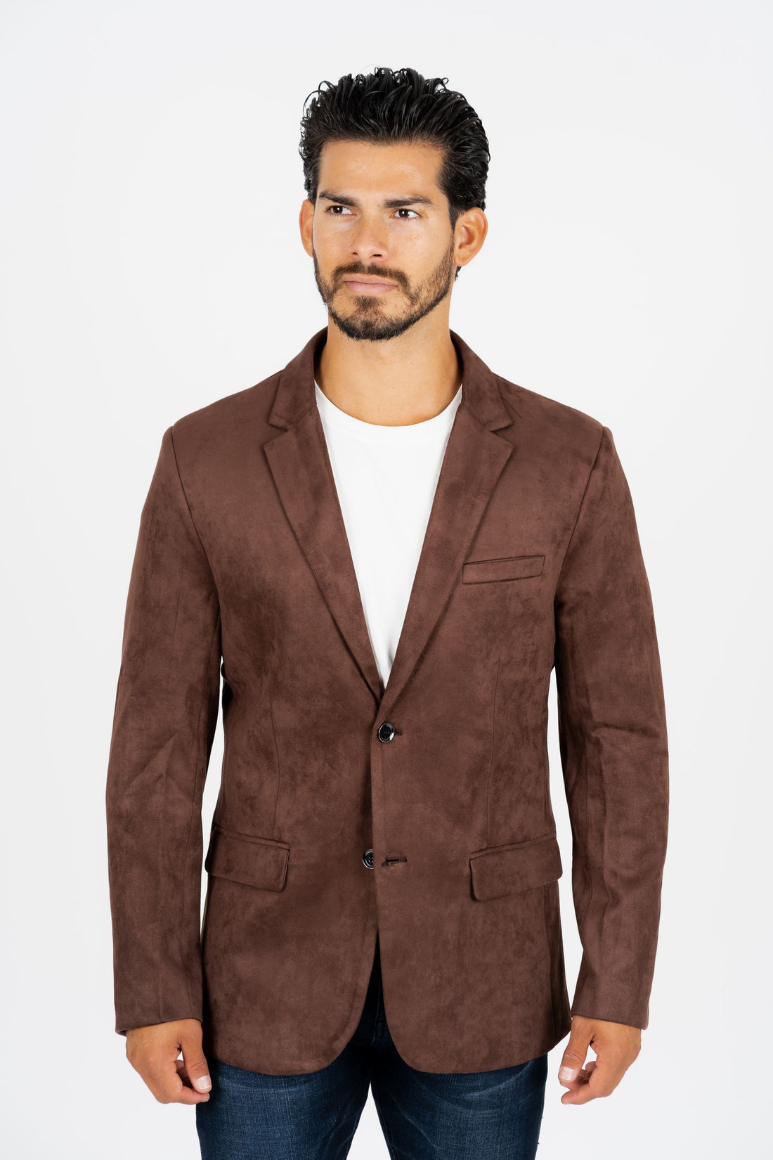 BLZ8859 MEN'S DOUBLE BUTTON BROWN FAUX- SUEDE BLAZER