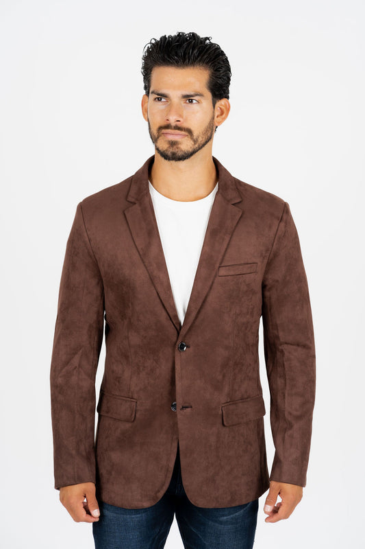 BLZ8859 MEN'S DOUBLE BUTTON BROWN FAUX- SUEDE BLAZER